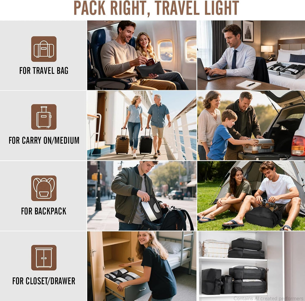 Veken 10 Set/8 Set Packing Cubes for Travel Essentials,Anti-Wrinkle Buckled Suitcase Organizer for Shoe & Toiletry Bag,Carry On Luggage Bag for Airplane & College Dorm Room Accessories,Women Men Gifts