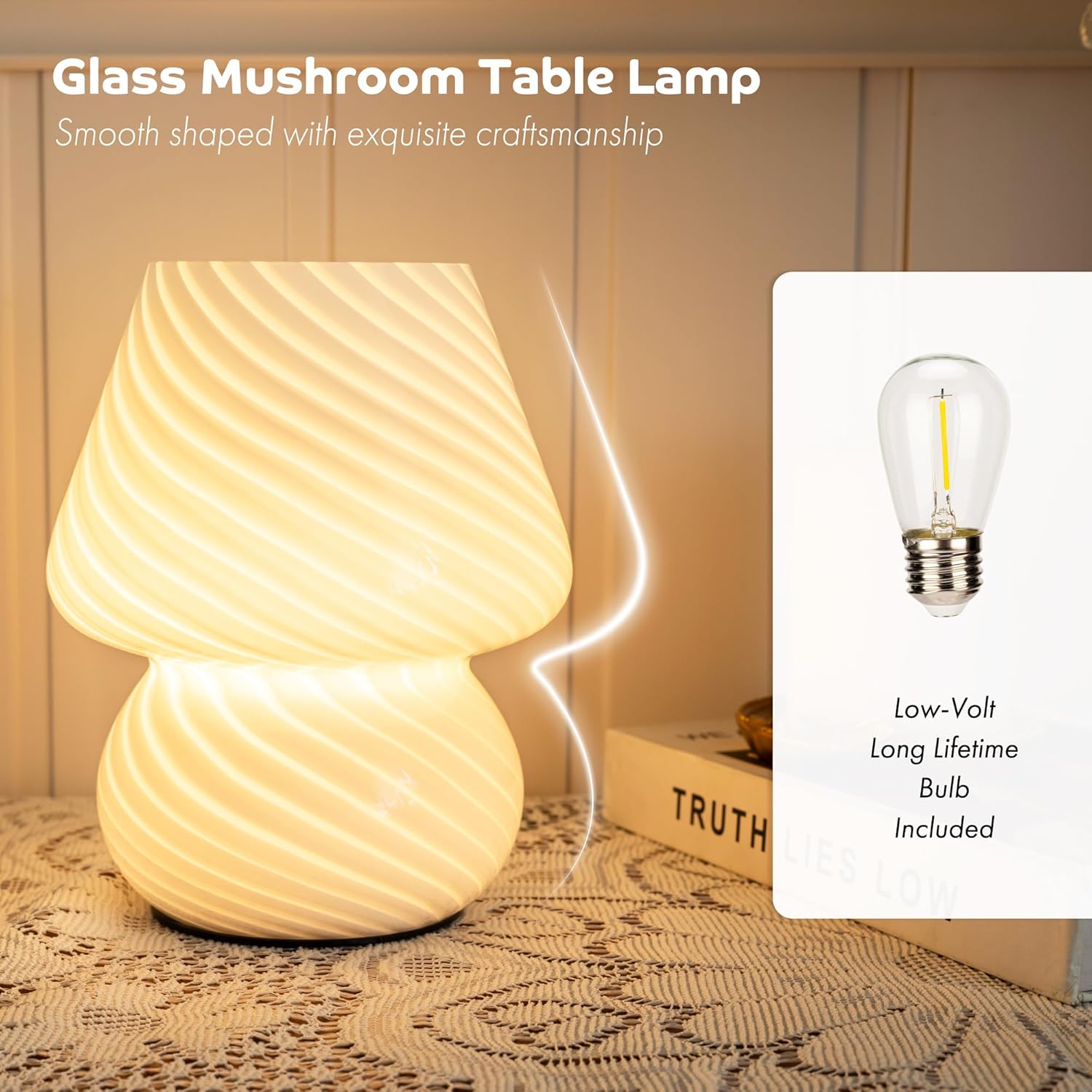 ULAROOM Battery Operated Mushroom Lamp - Vintage Small Table Lamp with Timer, Cordless Bedside Nightstand Lamp, Glass Battery Powered Lamp for Bedroom Kitchen Living Room Shelf Decor Aesthetic White