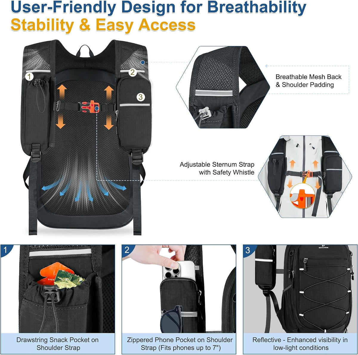 BECOJADDE Hiking Backpack 15L Small Backpack Packable Day pack Water Resistant Lightweight Travel Backpack for Women Men with Shoulder Strap Pockets for Hiking Camping Outdoor, Black
