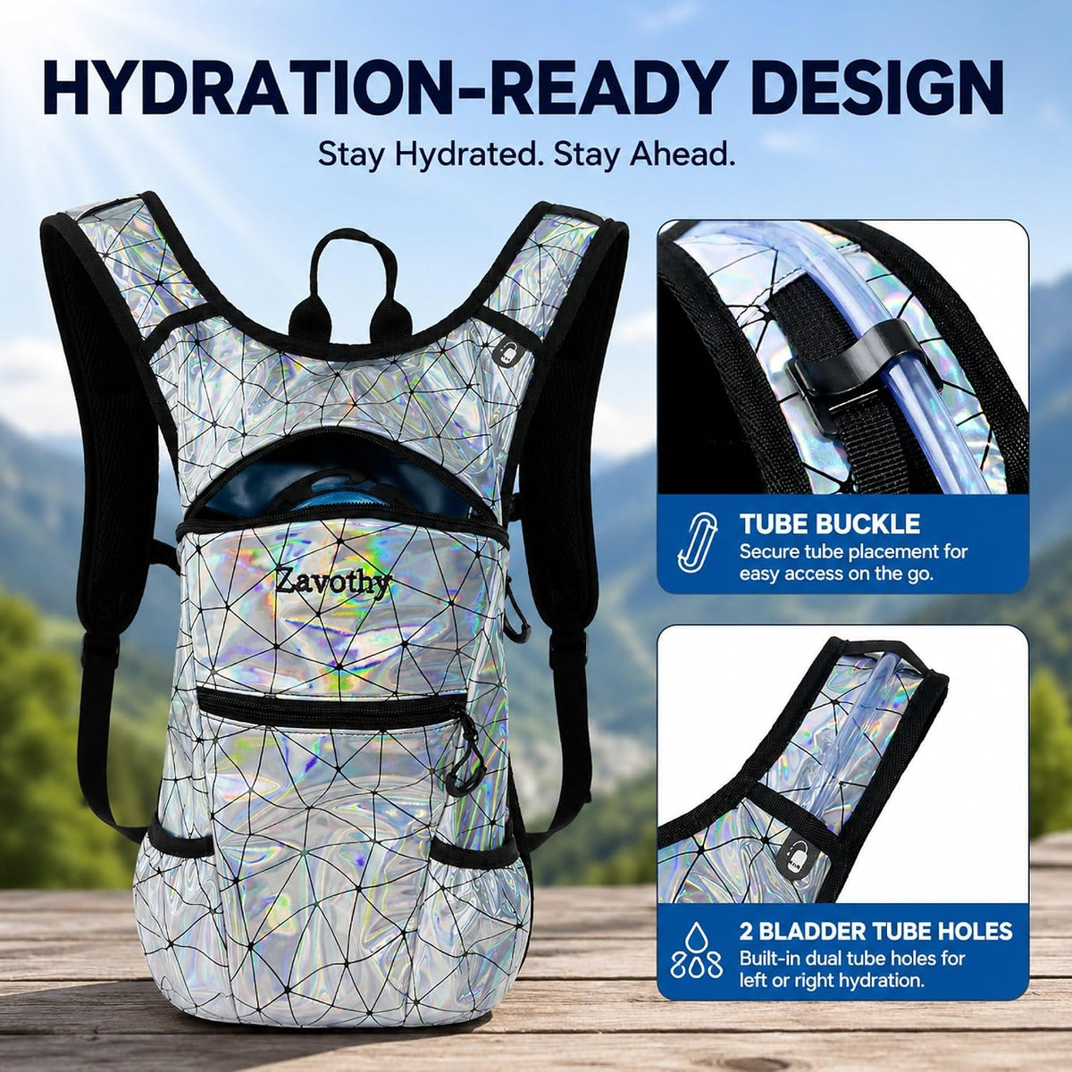 Zavothy Rave Hydration Backpack with 3L Bladder, Colorful Festival Hydration Pack with Side Pockets, Lightweight Water Backpack for EDM, Music Festivals, Hiking & Cycling