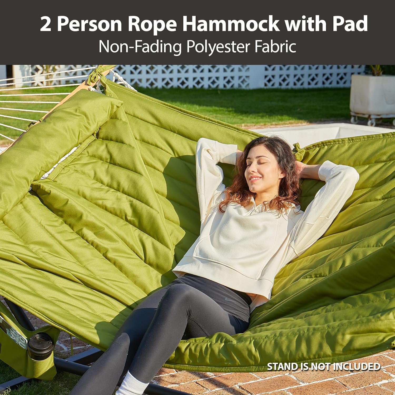 CHULIM Outdoor Double Hammock with Hardwood Spreader Bars, Large Rope Hammock with Polyester Pad and Pillow, 475 LBS Capacity for 2 Person Patio Backyard Poolside - Green