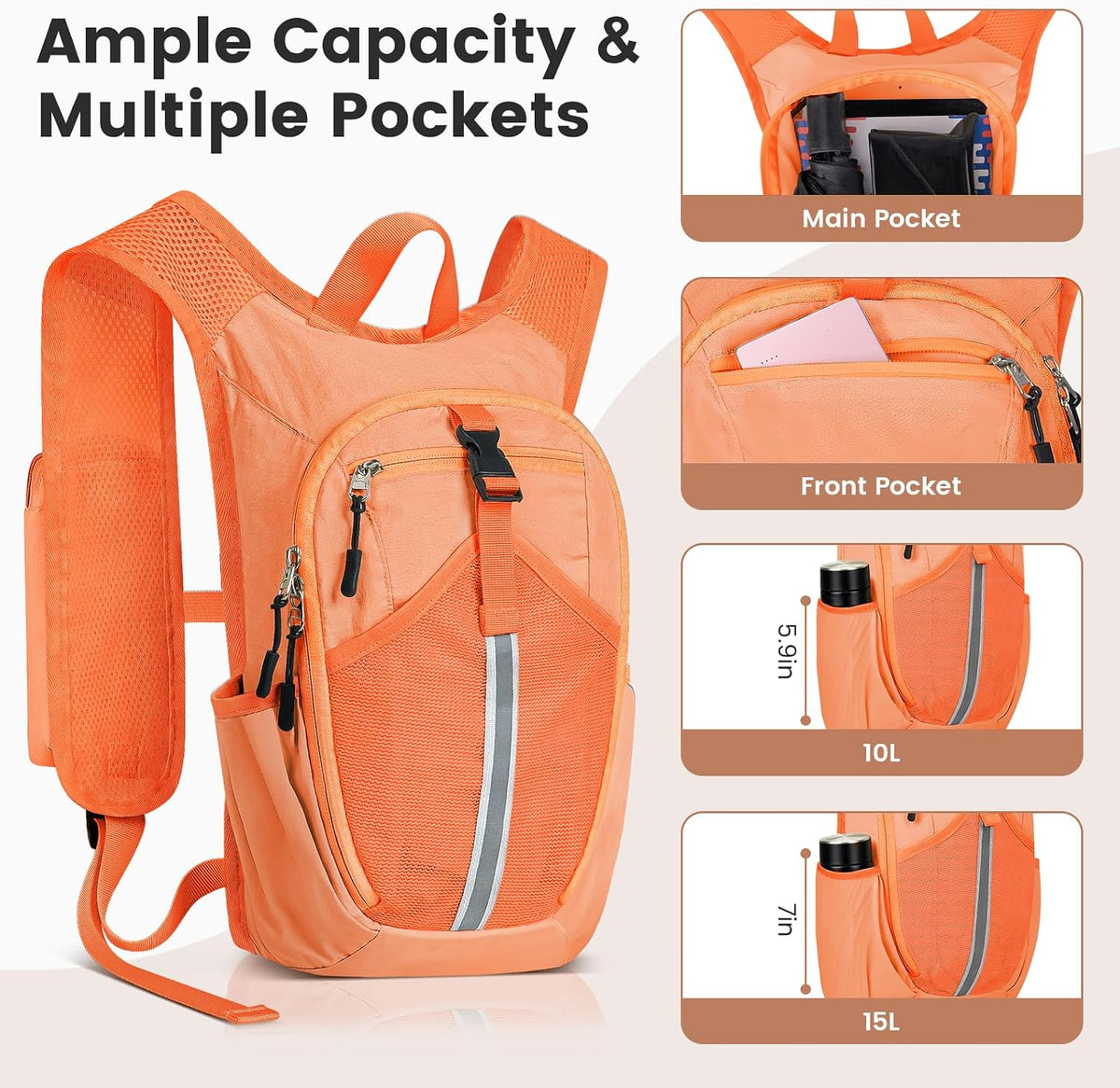 10L Small Hiking Backpack - Lightweight Foldable Backpack, Orange