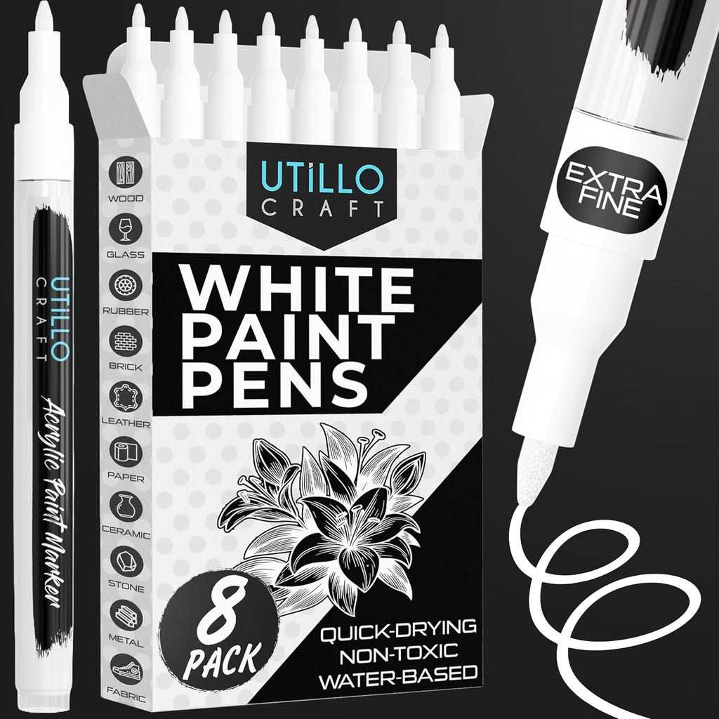Utillo Craft White Paint Pen (8-Pack), 0.7mm Extra Fine White Paint Markers