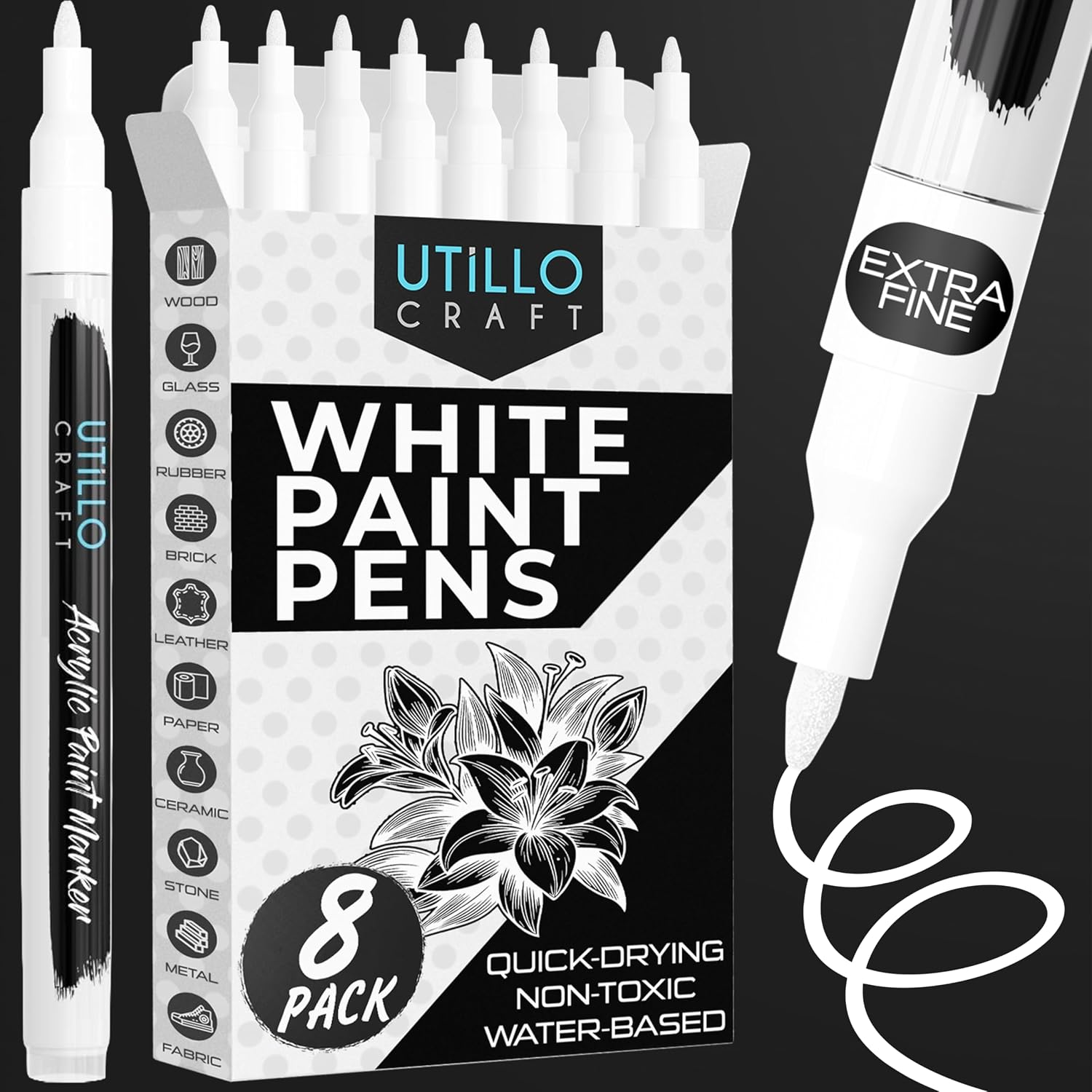 Utillo Craft White Paint Pen (8-Pack), 0.7mm Extra Fine White Paint Markers