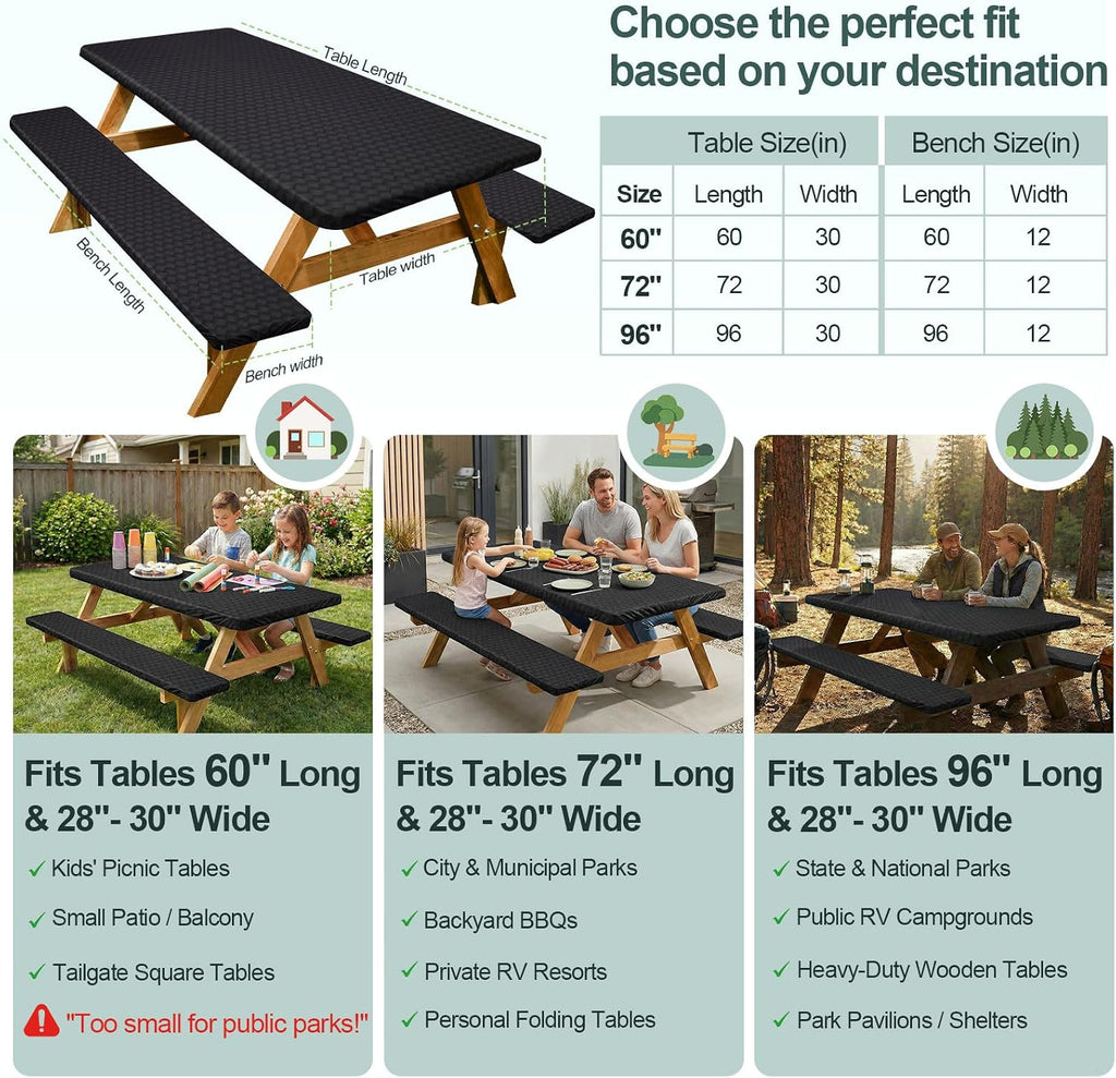 Picnic Table Cover with Bench Covers Camping Essentials Waterproof Windproof Camping Tablecloth with Drawstring Bag, Fitted Rectangle Tables and Seats, 96in, Black