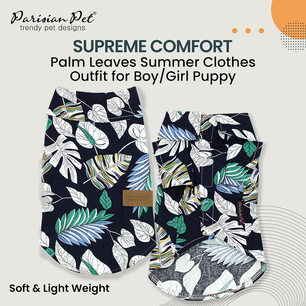 Parisian Pet Palm Leaves Dog Shirt - Cotton Clothes for Medium Dogs - Stylish Tropical Dog Outfit - Lightweight and Soft Puppy Clothes - Trendy Tshirts for Dogs - Comfortable Summer Camp Pet Apparel