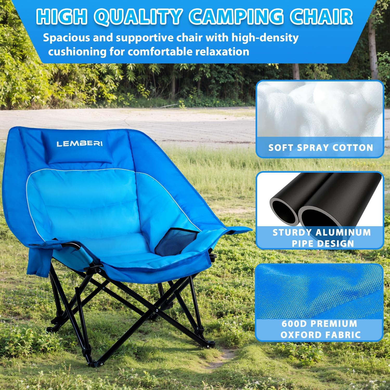PRETZI Outdoor Oversized Camping Chair, Heavy Duty Support 500 LBS for Adults, Portable Folding Wide Lawn Chair with Headrest Support and Cup Holder, Low Camping Chair for Fishing, Garden, Blue