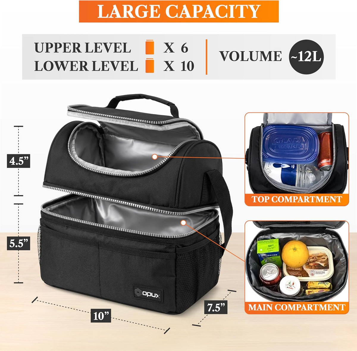 opux Insulated Lunch Bag for Men Women, Double Decker Leakproof, Black