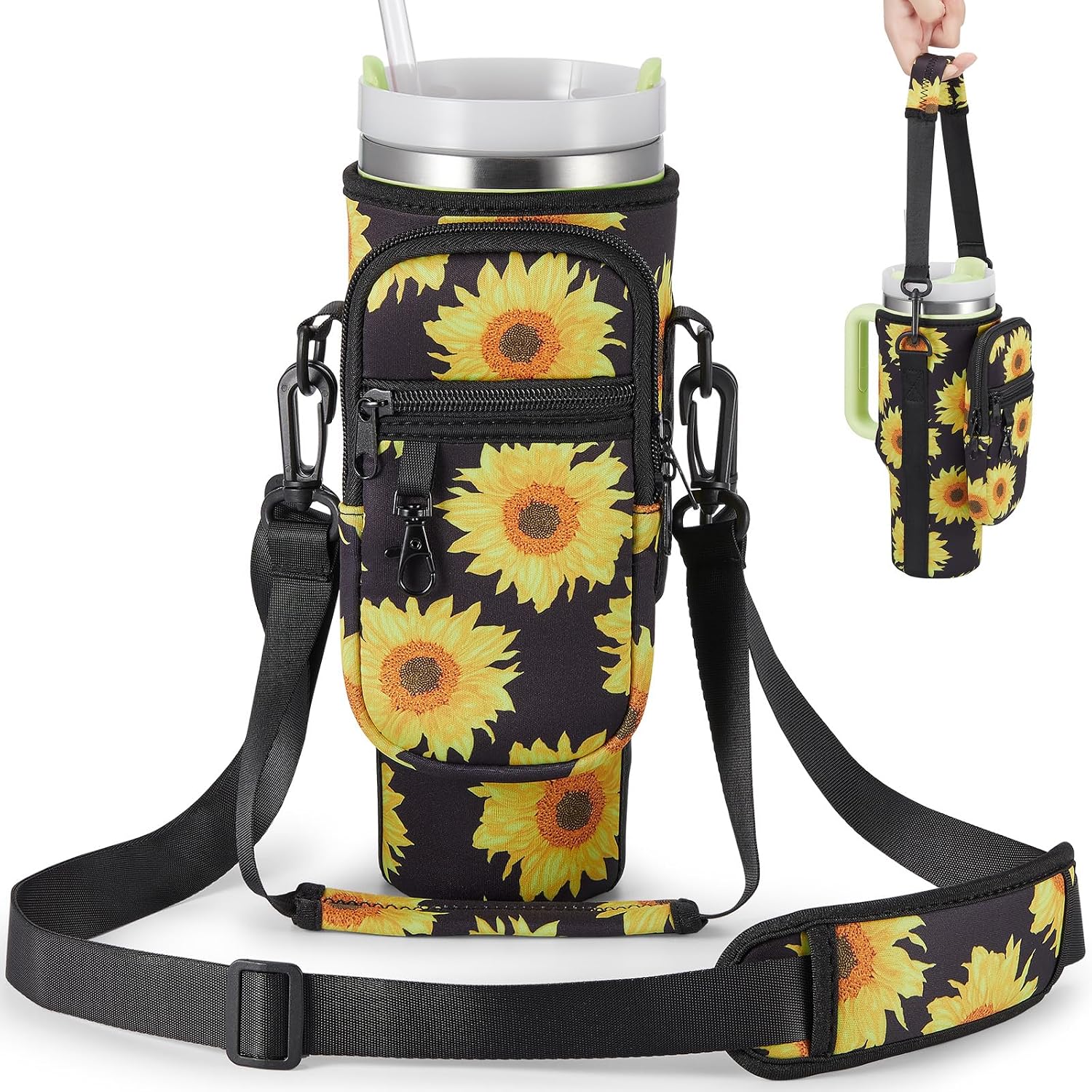 BULKITEM Water Bottle Carrier Bag with Phone Pocket for Stanley 40 & 30 oz Tumbler with Handle,Pink Insulated Neoprene Cup Holder Pouch w/Adjustable Strap for Quencher H2.0 Stanley Cup Accessories