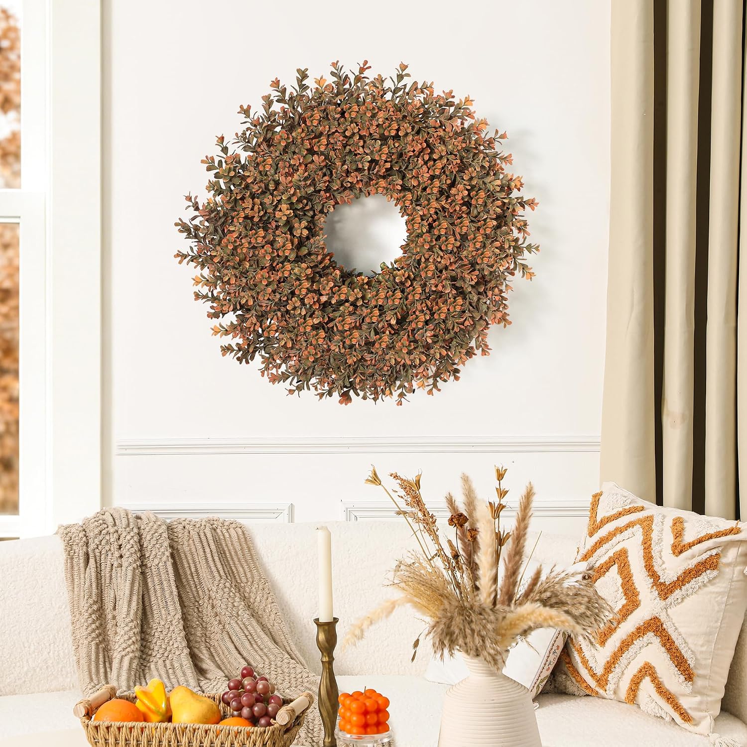 26'' Fall Wreath for Front Door, Artificial Autumn Boxwood Wreath Outdoor