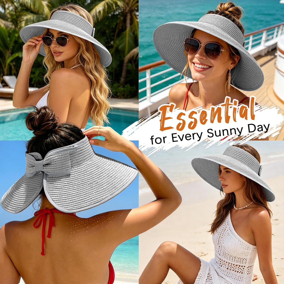 Sun Hats Visor for Women, UV UPF Straw Beach Hat Foldable Wide Brim Ponytail Summer Hats Packable Travel