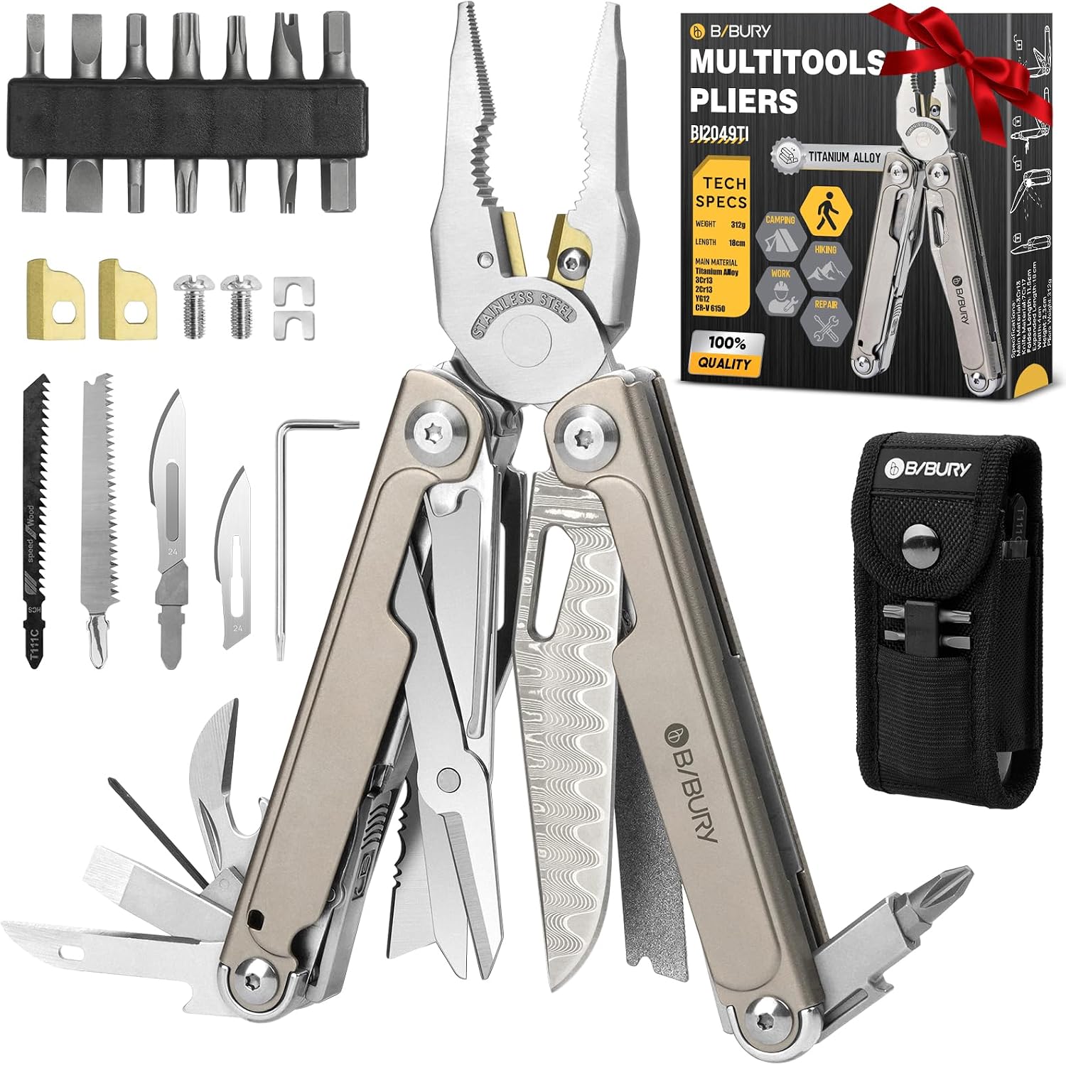 BIBURY Titanium Alloy Multitool with Damascus Knife & Scissors, BI2049TI