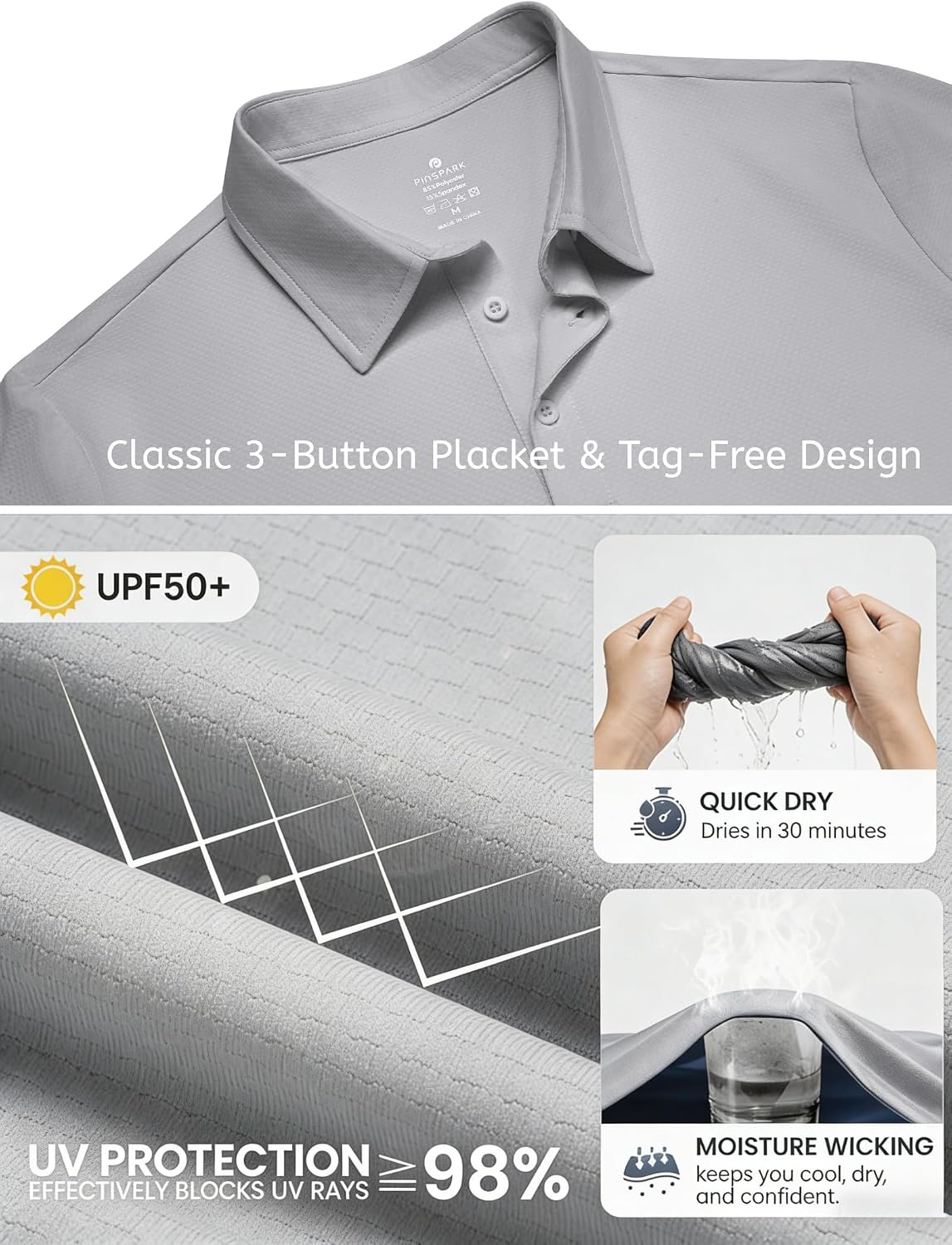 PINSPARK Men's Golf Polo Shirts UPF 50+ Moisture Wicking Collared Shirts