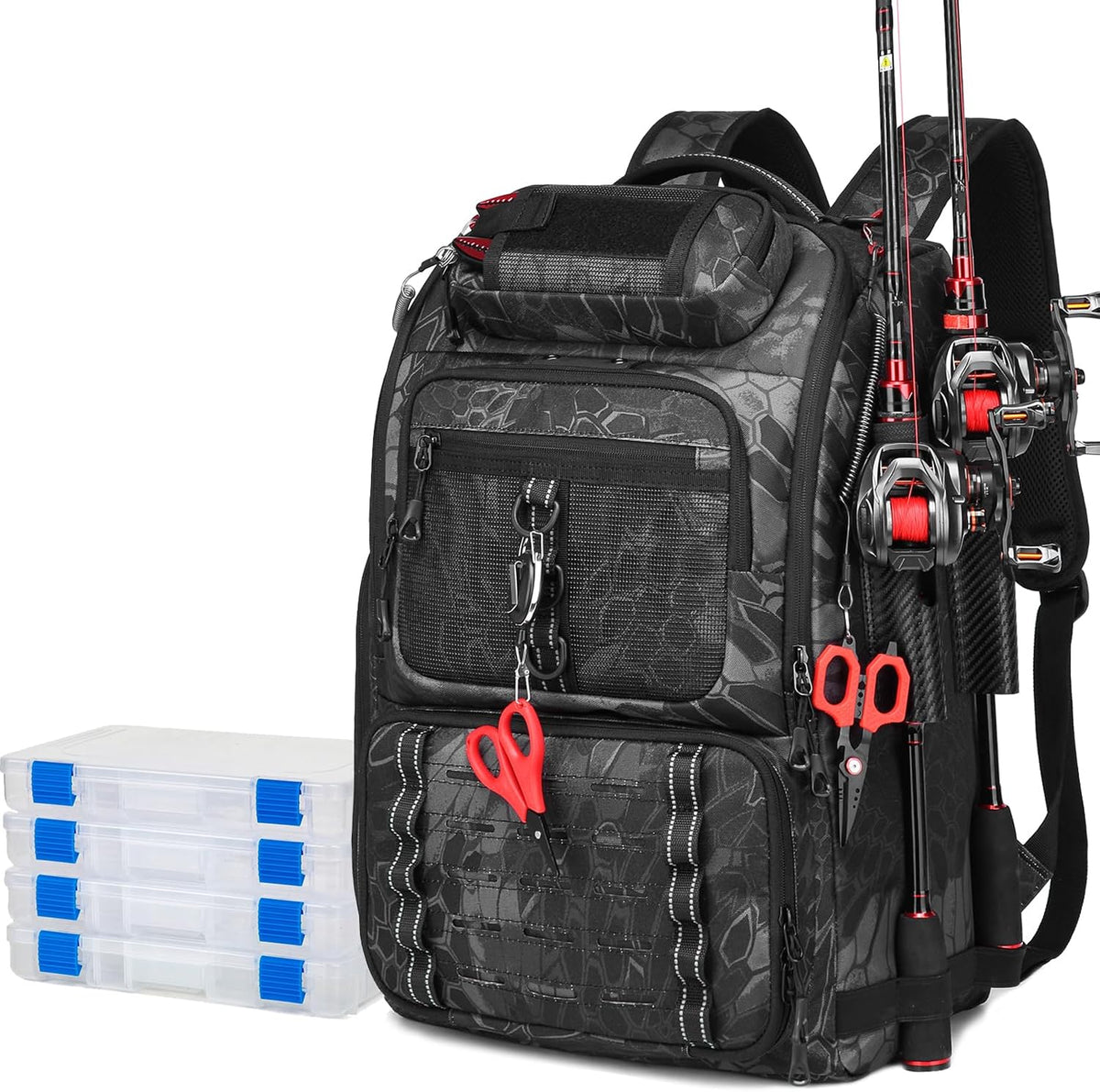 Fishing Tackle Backpack,Tackle Bags with 2 Rod Holders & 4 Tackle Boxes, Water-Resistant Large Tackle Bag Storage Bag for Fishing Gear, Fisher Gifts for Men, Black