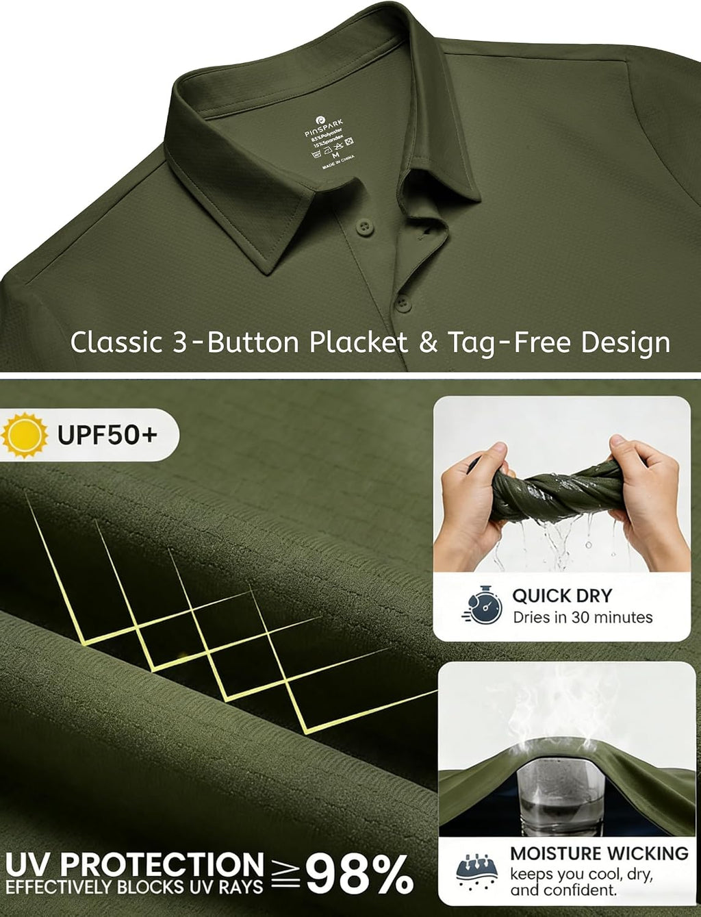 PINSPARK Men's Golf Polo Shirts UPF 50+ Moisture Wicking Collared Shirts