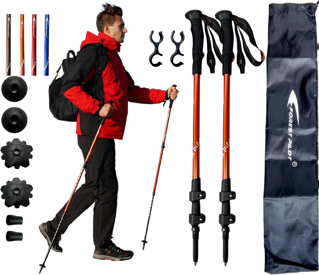 FOREST PILOT Trekking Poles - Lightweight 7075 Aluminum with Flip Lock & All Terrain Accessories - Pair of 2 Walking Sticks for Hiking with EVA or Beech Wood Grip