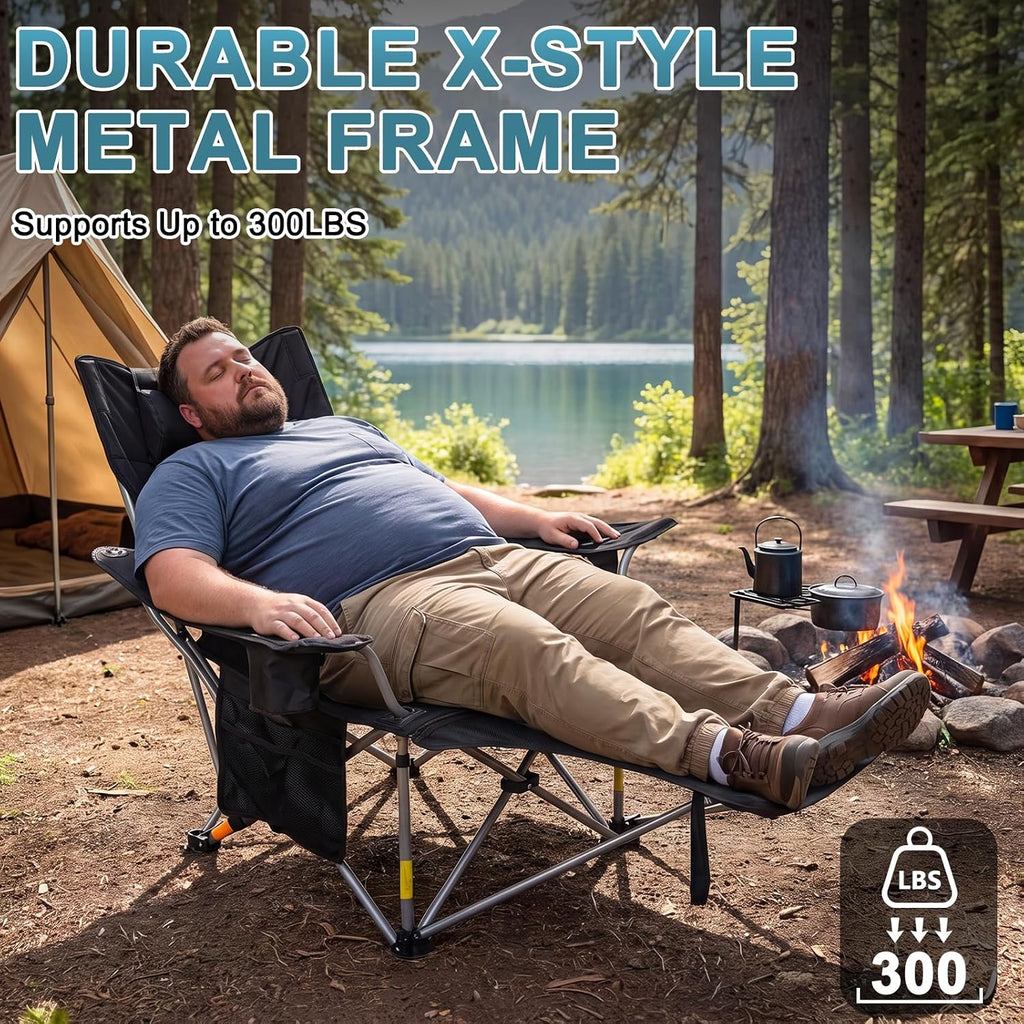 Romswi 2Pack 4-Position Reclining Camping Chair with Removable Footrest, 2-in-1 Adjustable Portable Lounge Chair with Cooler Bag, Cup Holder, Side Pockets & Carry Bag for Outdoor, Mesh Black