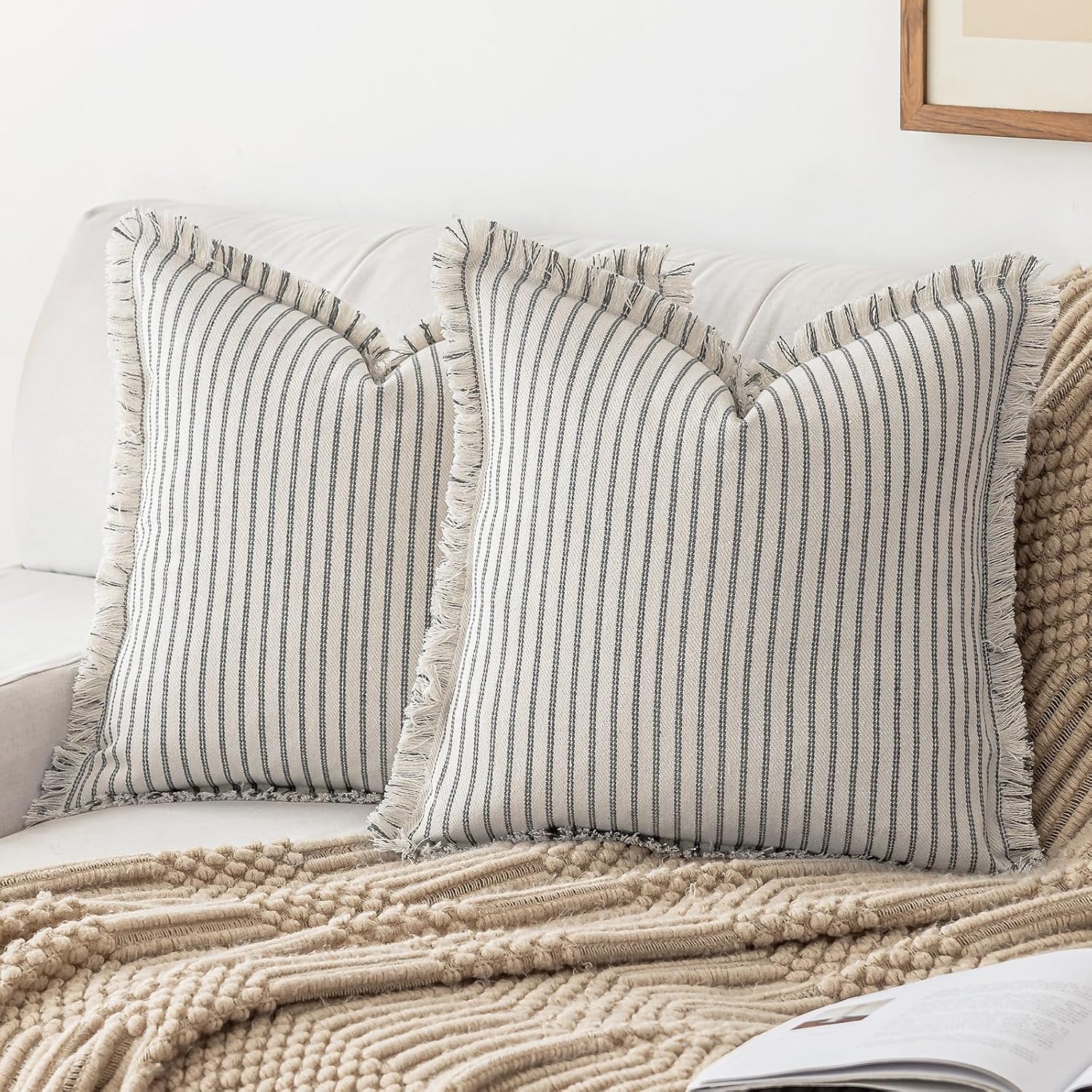 YEENAASY Throw Pillow Covers 18x18 Boho Striped Pillow Cases with Tassel