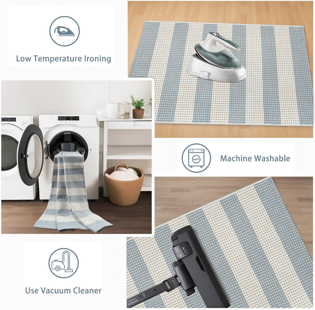 Boho Striped Fall Outdoor Front Door Mat 2'x4.3' Blue and Cream Rug
