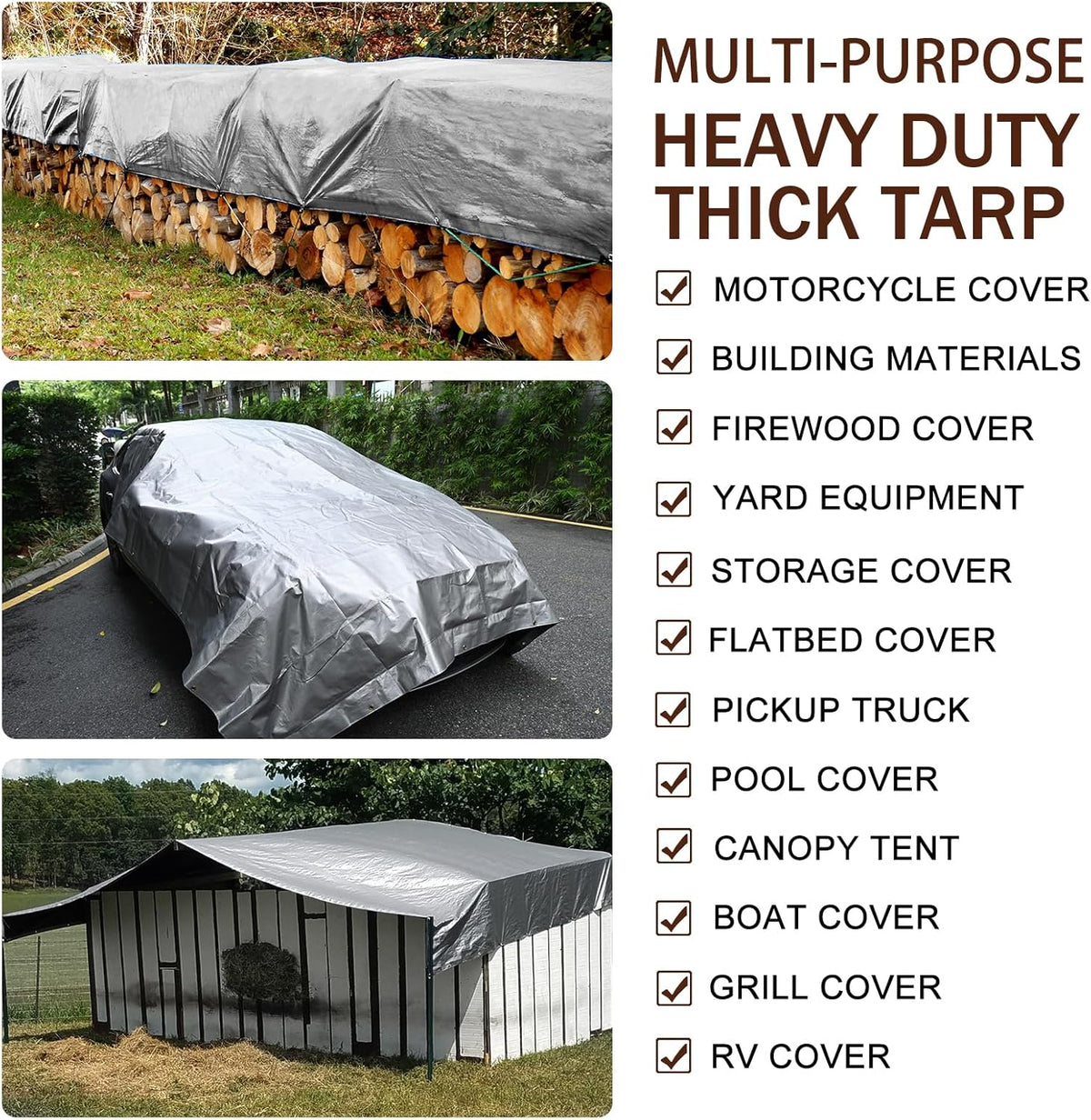 Sunvigor Tarp Waterproof 10x12Ft, Heavy Duty Tarp Cover Extra Thick 14 Mil Tear and UV Resistant, Outdoor Tarps with Grommets and Reinforced Edges for Roof, Camping, Patio, Pool, Boat (Silver/Brown)