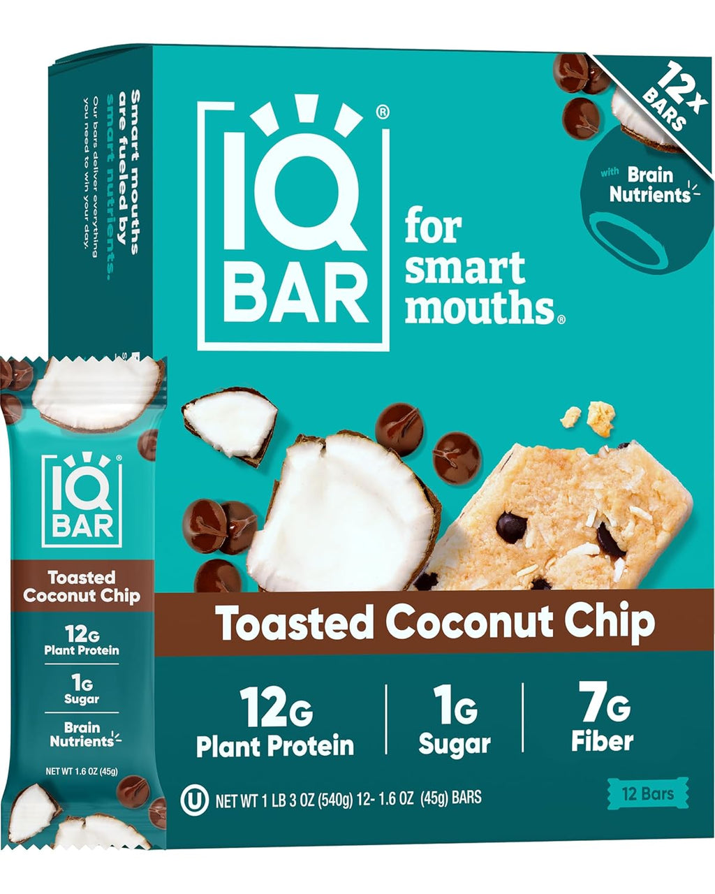 IQBAR Clean Protein Bars, Low Sugar Keto, Toasted Coconut Chip 12-Count