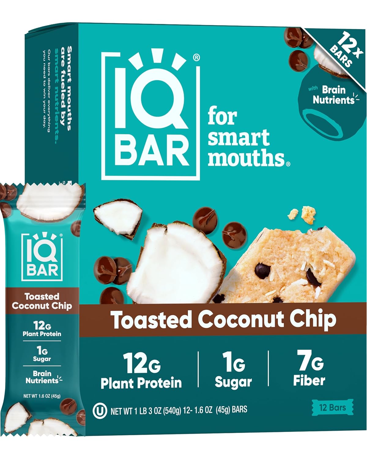 IQBAR Clean Protein Bars, Low Sugar Keto, Toasted Coconut Chip 12-Count