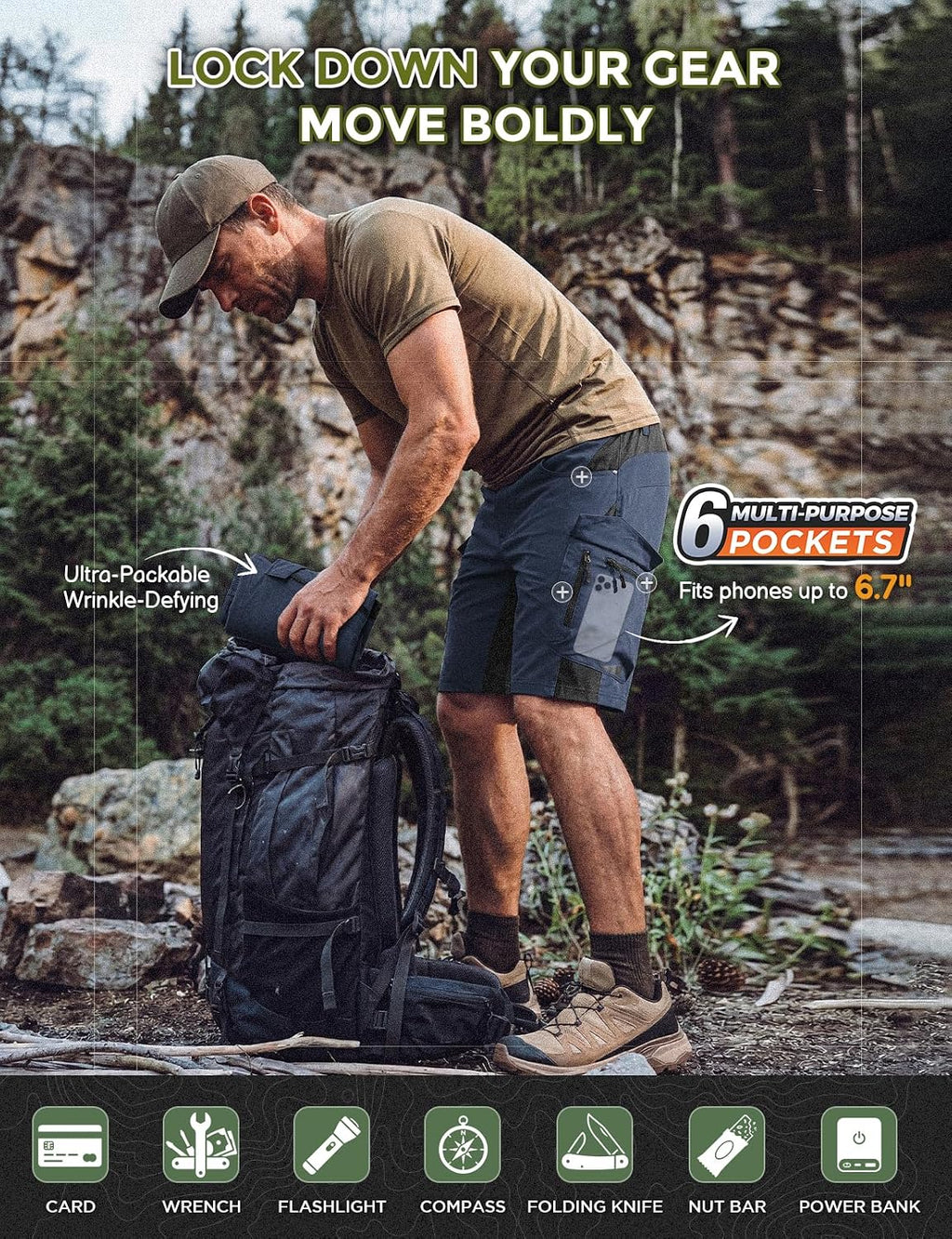 XKTTAC Men's Hiking Cargo Shorts: 4-Way Stretch with 6 Secure Pockets