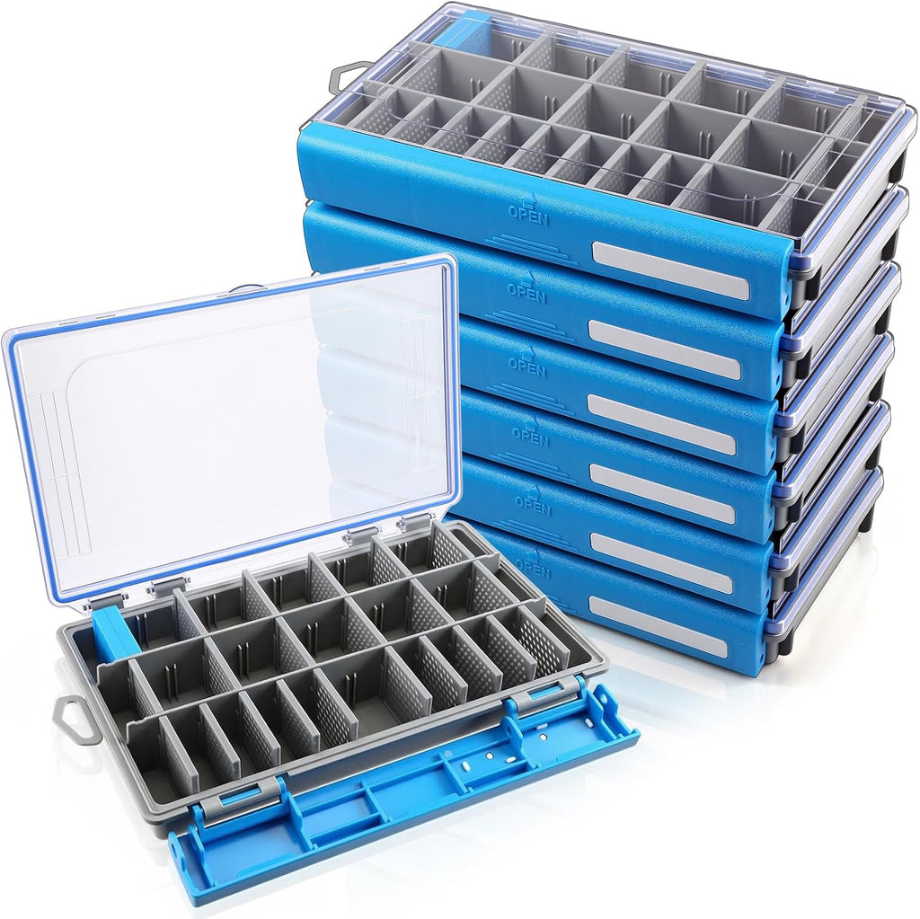 Junkin 6 Pack 3700 Fishing Tackle Boxes Waterproof, High-vis Black Lure Organizer Trays with Removable Dividers, Airtight Bait Storage Case for Bass Fishing Backpacks & Kayak Gear Accessories