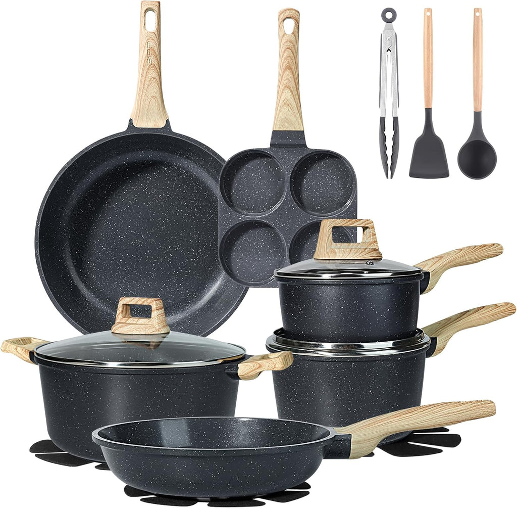 GiPP Ceramic Pots and Pans Set Non Stick - 17 Pcs Nonstick Cookware Set, Non-toxic Healthy Kitchen Cooking Set w/Frying Pans Set, Dishwasher Safe, PFAS PTFE PFOA PFOS Free, Dark Gray
