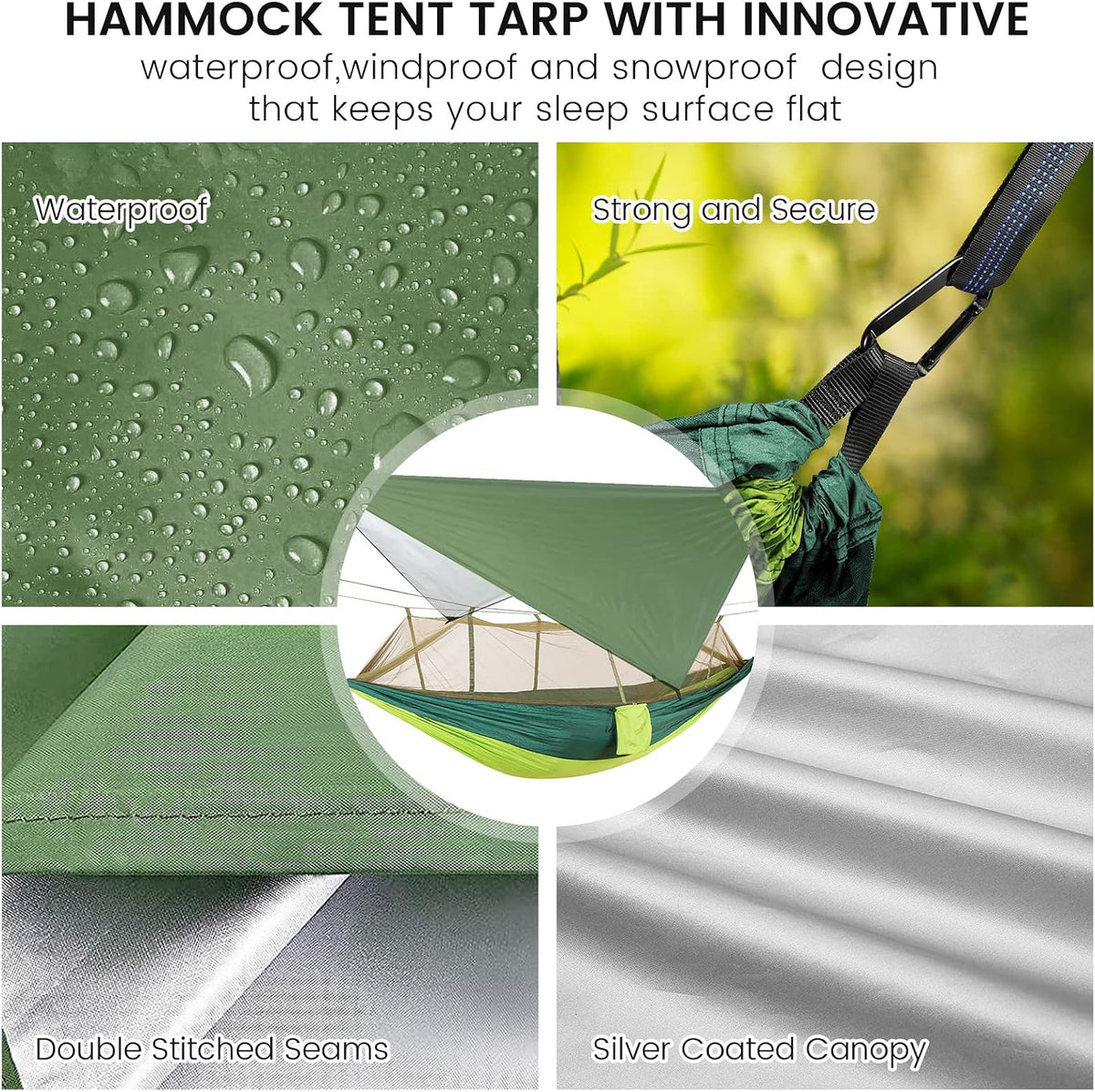 Camping Hammock with Mosquito Net & Rain Fly Tent Tarp & Tree Straps Portable Strong Nylon Hammock Tent w/Storage Bag for Camping Hiking Backyard Outdoor Backpacking Travel