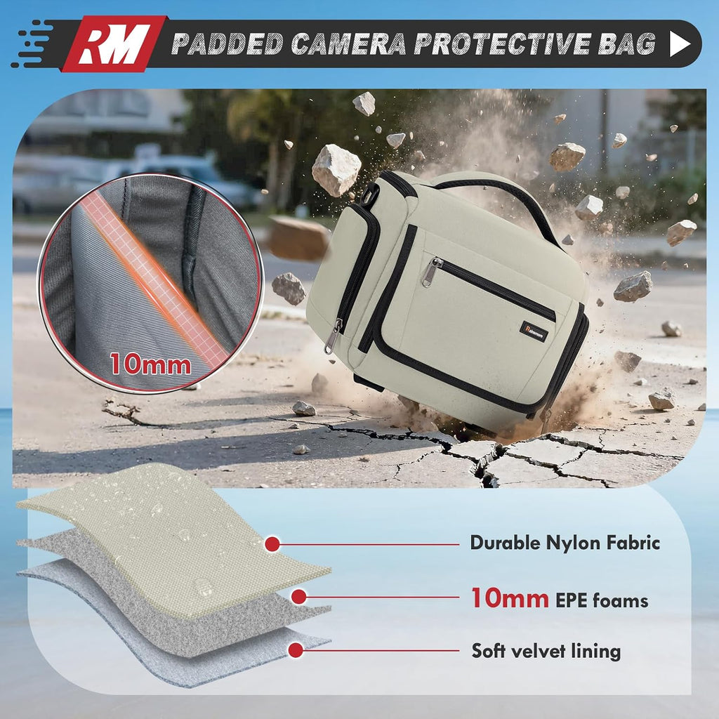 RAINSMORE Waterproof Camera Bag with Tripod Holder for Canon, Sony, Nikon, and Fujifilm – Small Sling Camera Case for Photographers, Beige