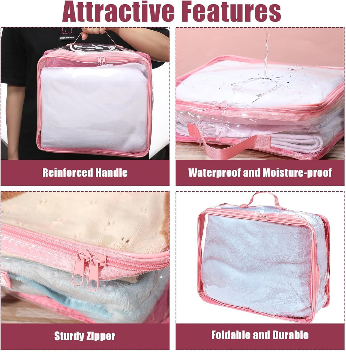 Hillban 6 Pcs Large Clear Packing Cubes for Travel, 3 Sizes PVC Bags, Pink