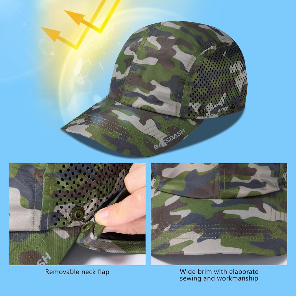 BASSDASH UPF 50+ Fishing Hat, Baseball Cap with Removable Neck Flap
