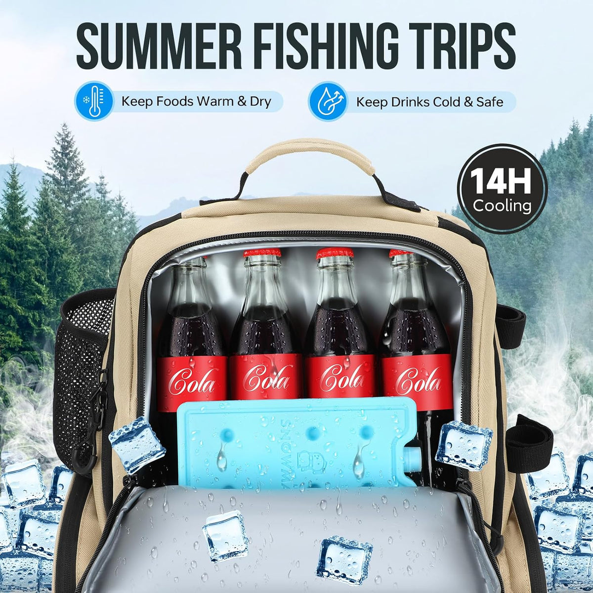 PLUSINNO Cooler Fishing Backpack with Rod Holders 45L Large Water-resistant Fishing Tackle bag Store Fishing Gear Fishing Gifts for Men Father