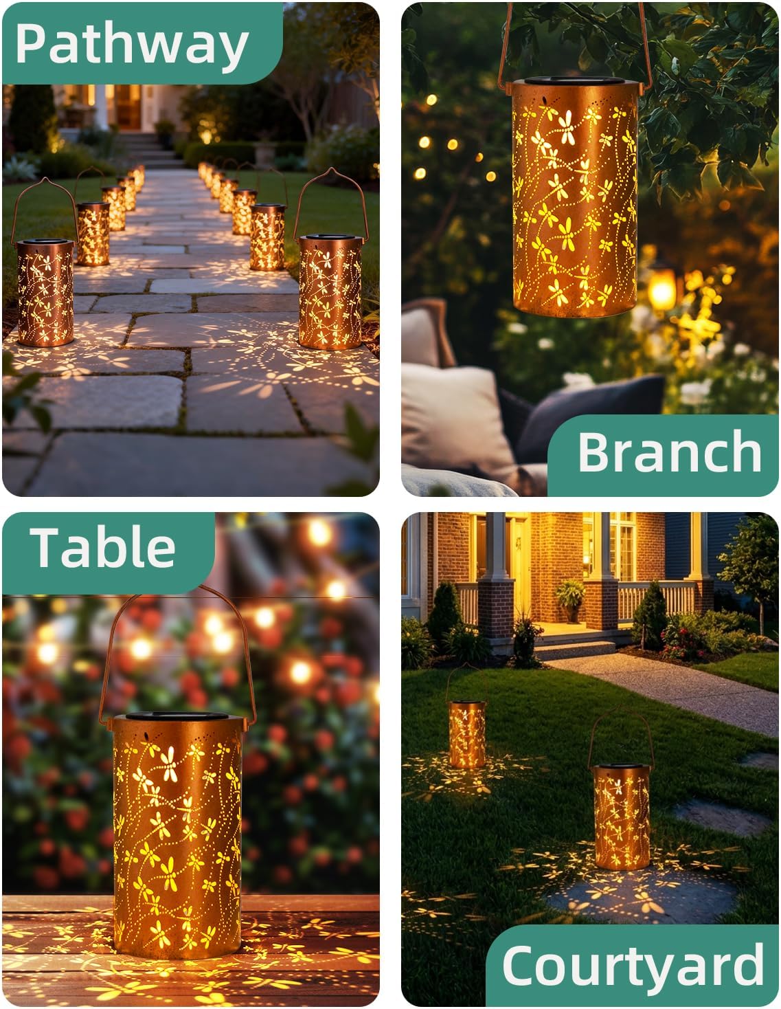 DIBIEECN Birthday Gifts for Women Mom Grandma Wife, Solar Lanterns Outdoor Waterproof, Metal Hanging Lights Garden Decor, LED Decorative Lantern for Patio Porch Backyard, Dragonfly, 2Pack