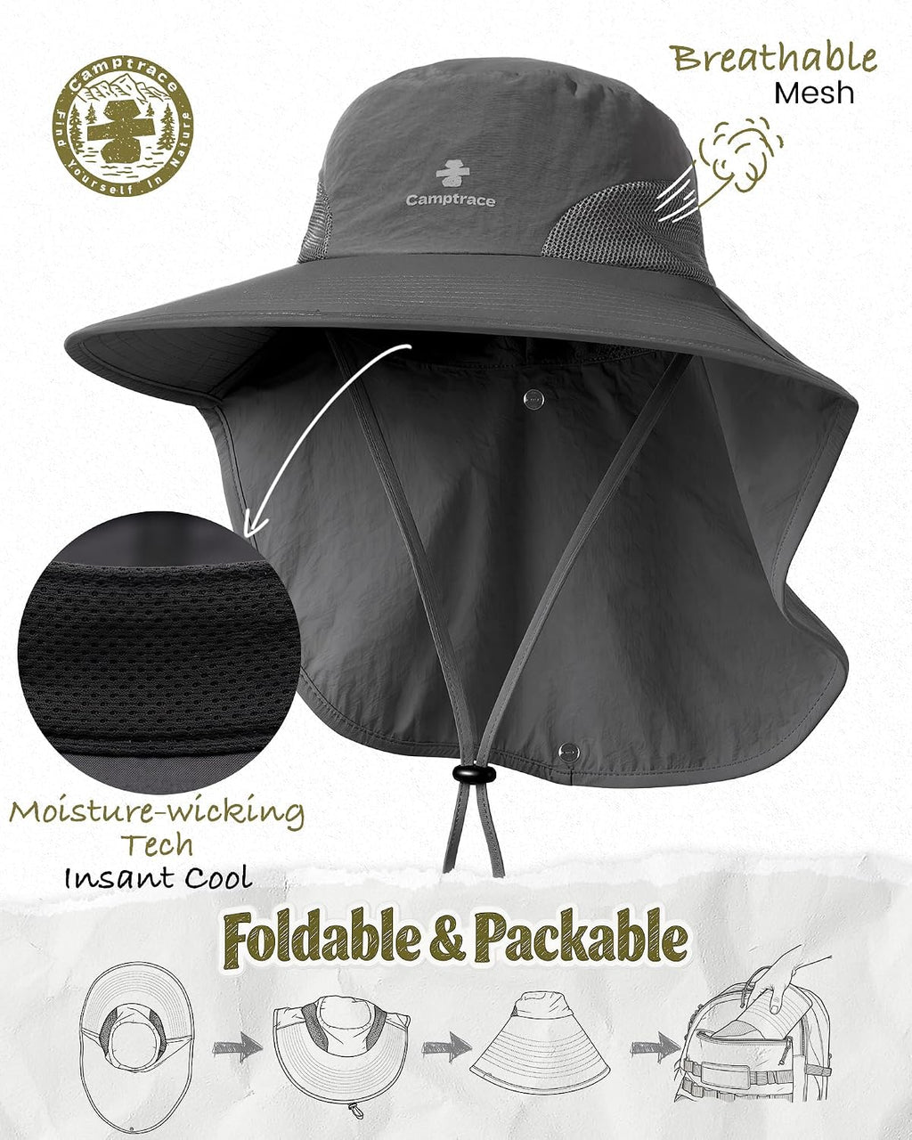 Camptrace Sun Hats for Women Men with Neck Flap UV Protection Wide Shade