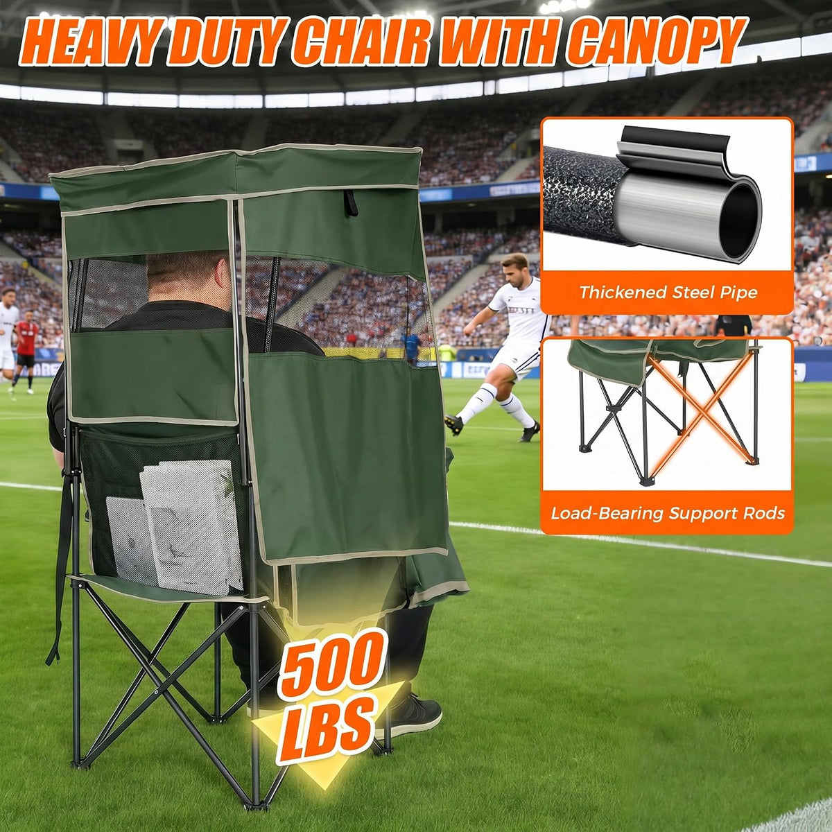 Camping Chair with Canopy Shade Heavy Duty Folding Chair with Umbrella Cup Holder Oversized Beach Chairs with Canopy for Adults Portable Padded Outdoor Lawn Chair for Sports Fishing, 500LBS, Green