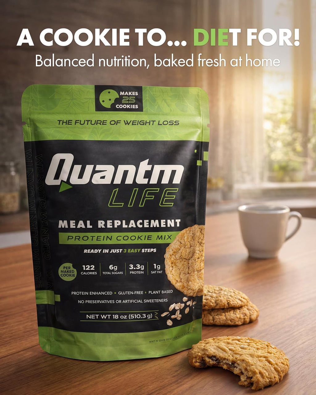 Cookie Mix, Gluten Free, Plant-Based Meal Replacement Plan with Hemp Protein, Rich in Fiber, Low in Sugar, No Preservatives or Artificial Sweeteners, 18 oz, 6 Pack 1-Month Supply