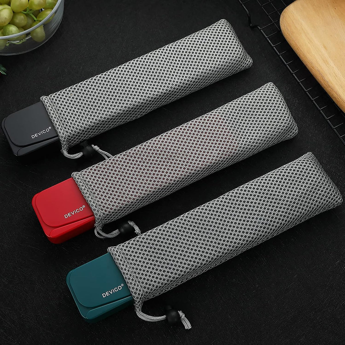 DEVICO Travel Utensils with Case, 4Pcs Portable Silverware Set for Work, 18/8 Stainless Steel Reusable Cutlery, Korean Spoon and Chopsticks Fork for Camping, School, Lunch Box Accessories (Black)