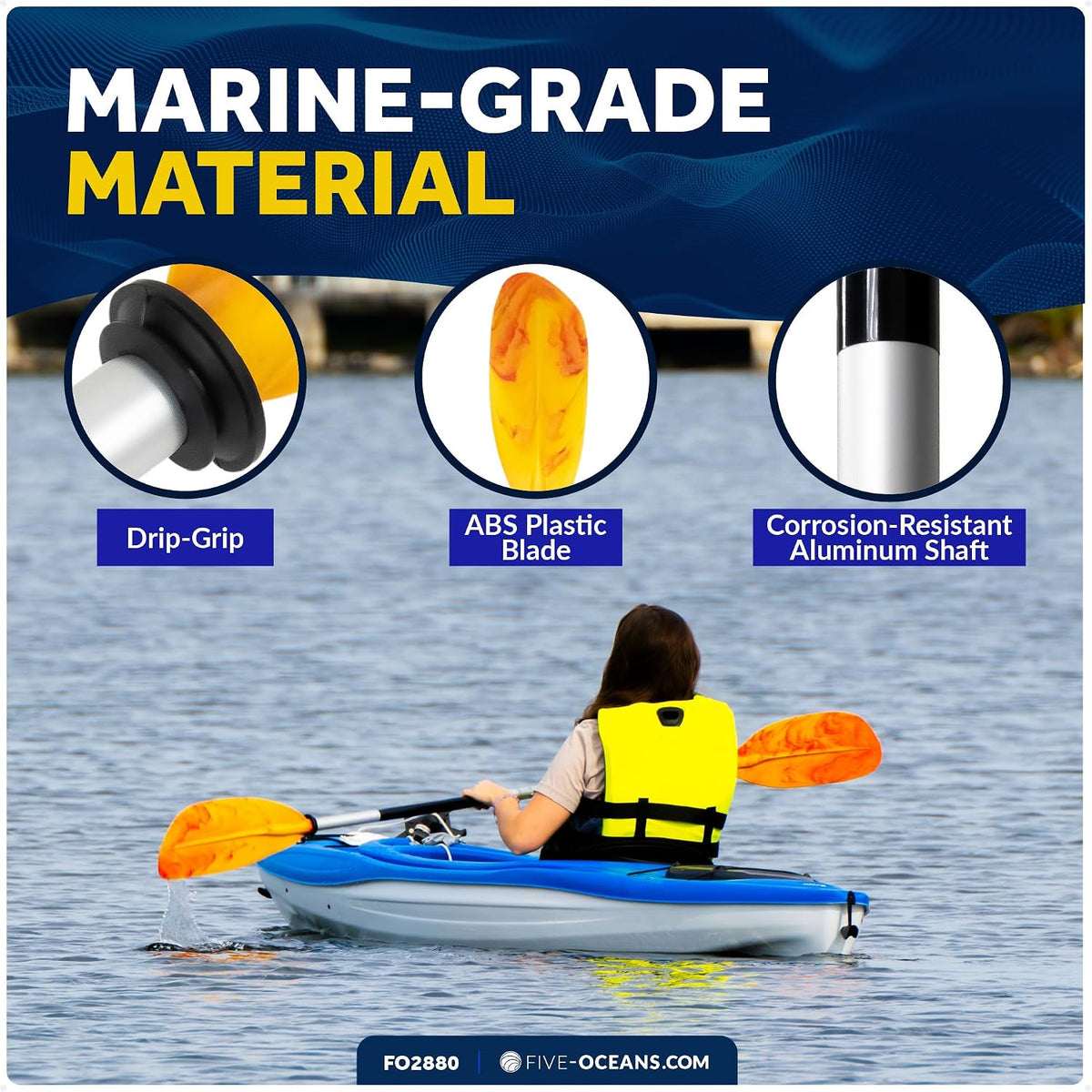 Five Oceans Kayak Paddles, 84" - 7ft Kayak Fishing Paddle, Detachable Heavy-Duty Aluminum Shaft, Reinforced Fiberglass Blades, 2-Piece Snap-Button, Lightweight Paddle Design for All Kayaks - FO2880