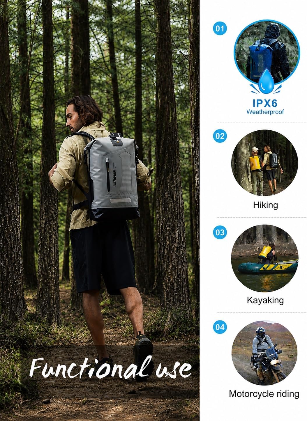dry Waterproof Backpack and Dry Bag 20L/30L/40L, Floating Bag for Men, Kayak, Gray, 30L, Hiking Backpack