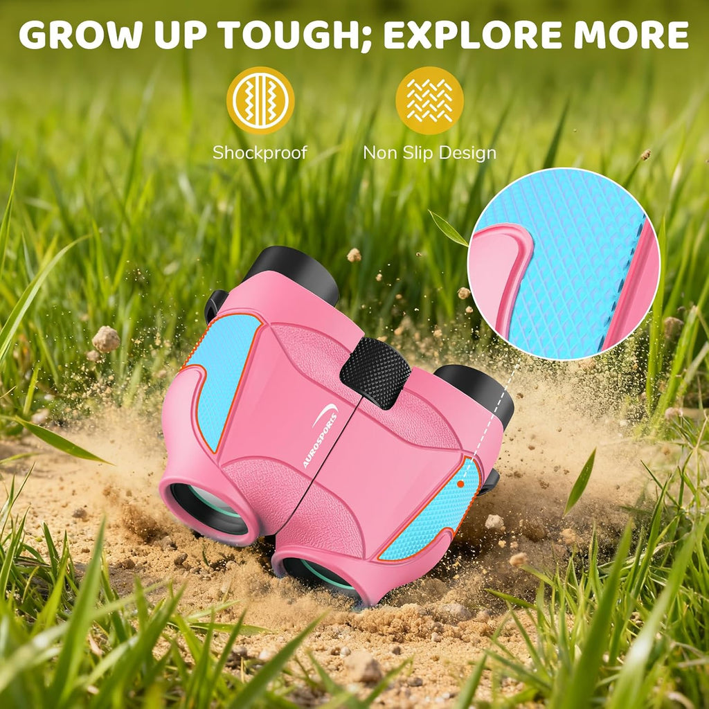 Aurosports 15x25 Compact Binoculars for Kids with Bird Guide Book, Pink
