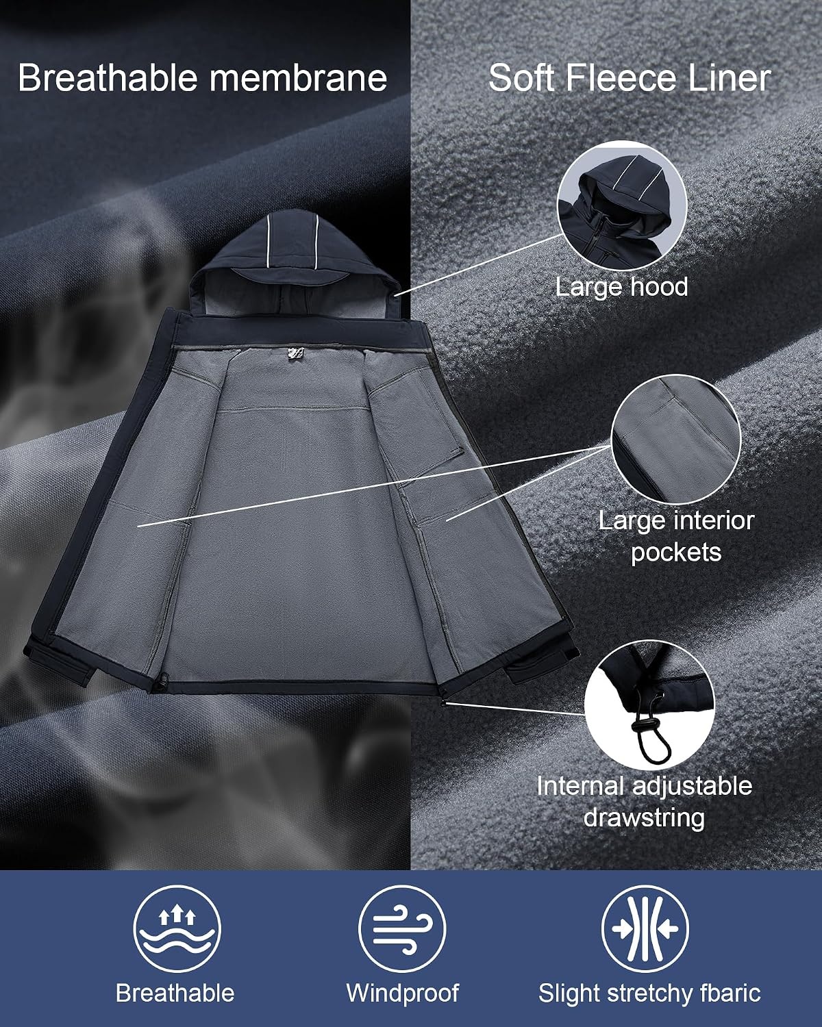 Men's Soft Shell Jacket Waterproof Military Tactical Coat Winter Fleece Lined Rain Jacket with Detachable Hood