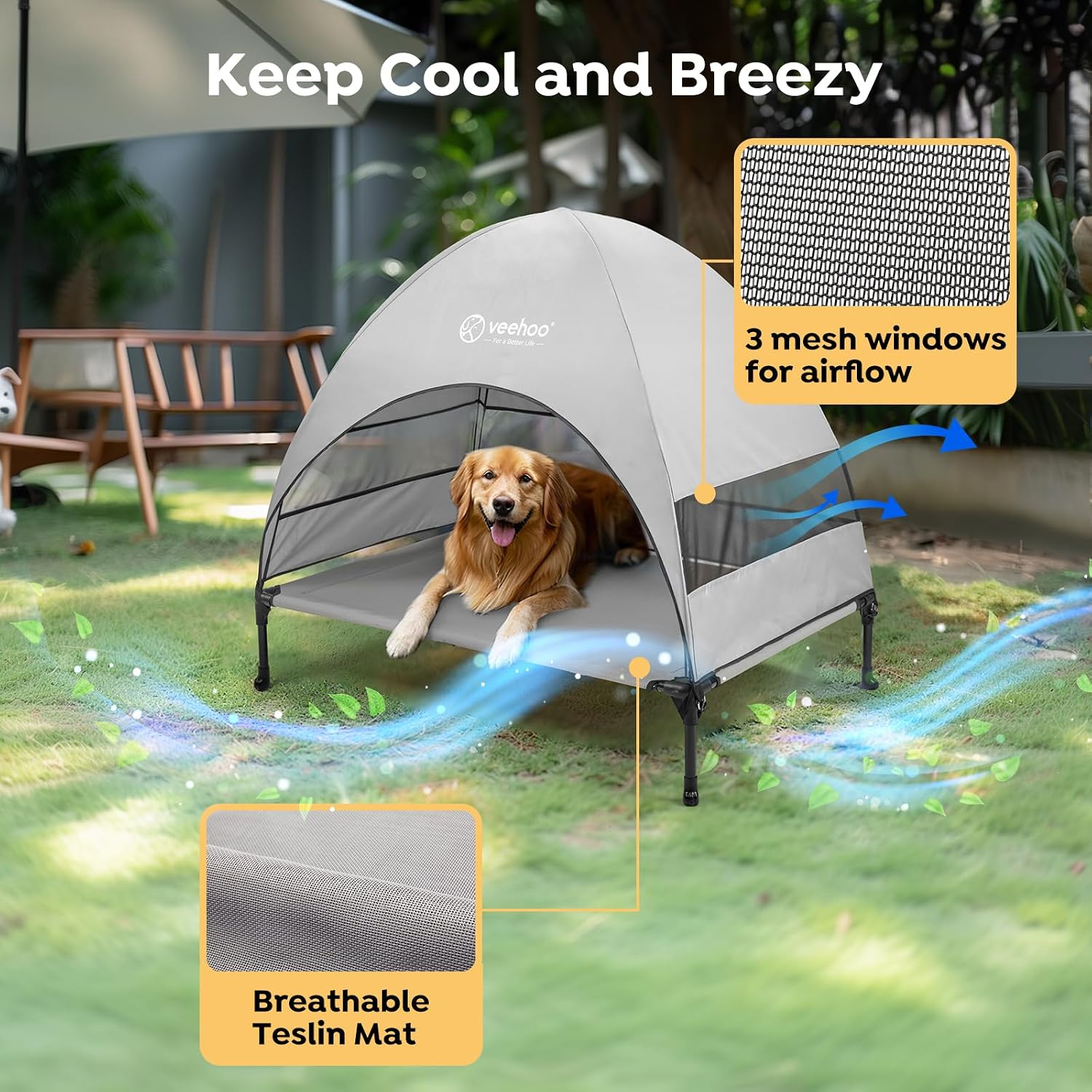 Veehoo Outdoor Dog Bed with Canopy, Cooling Elevated Dog Shade for Outside