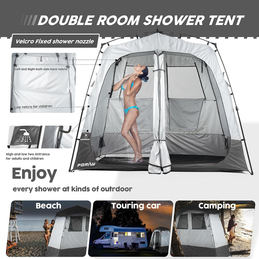 Porayhut Portable Camping Shower Tent Deluxe Changing Room Easy Set Up Privacy Shelter,Large Toilet Tent 2 Rooms with Floor Drain Design for Beach, Camping,Hiking with Stakes and Ropes for Stability