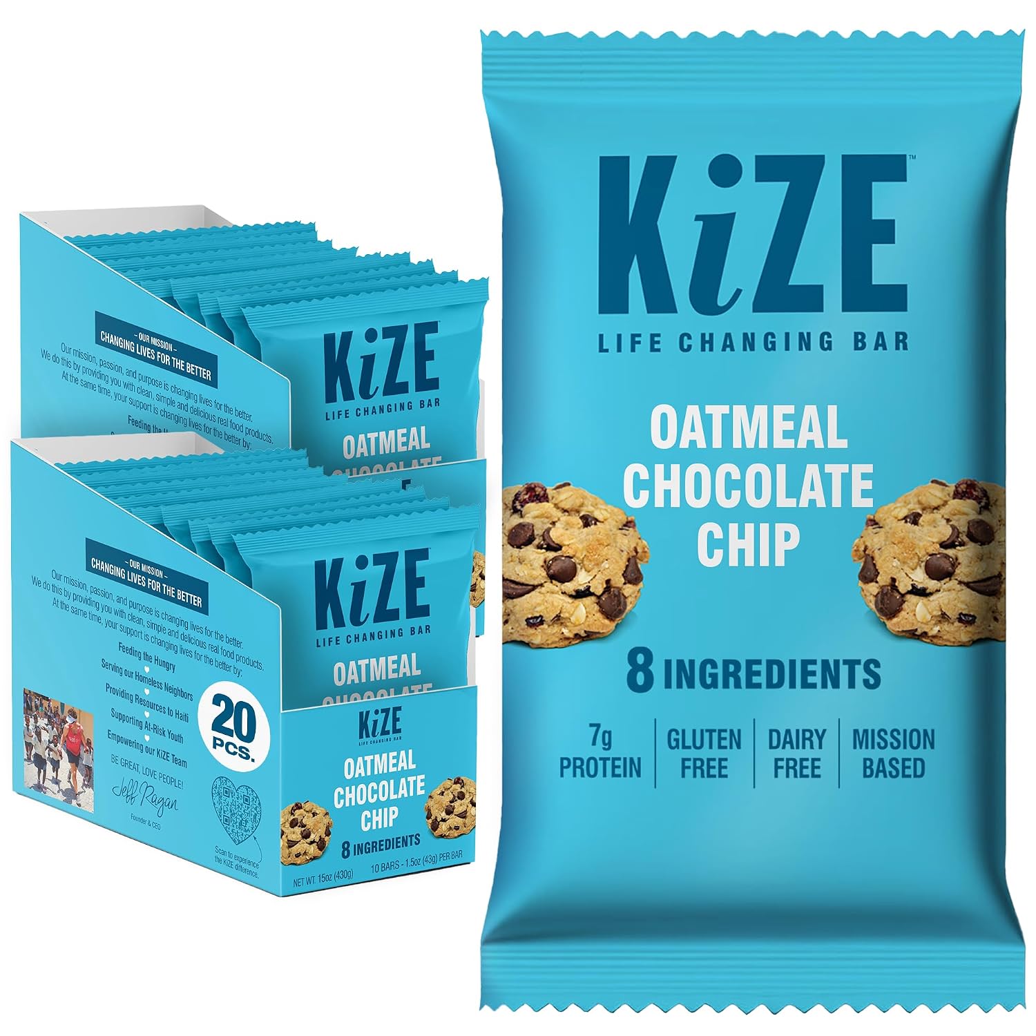 KiZE Energy Bars - Oatmeal Chocolate Chip - 20-Count - Gluten Free, Dairy Free, Non-GMO, and High Protein Meal Replacement Energy Bars, Clean and Simple Food Ingredients - 7g High Protein Snacks (20 Count)