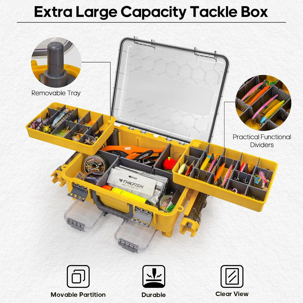 THKFISH Waterproof Double Side Tackle Box, Portable Storage Box with 2 Pack 3500 Stowaway Boxes & Rod Holders, Fishing Lure Organizer YellowPink/Green/Blue/Grey (L-Yellow)
