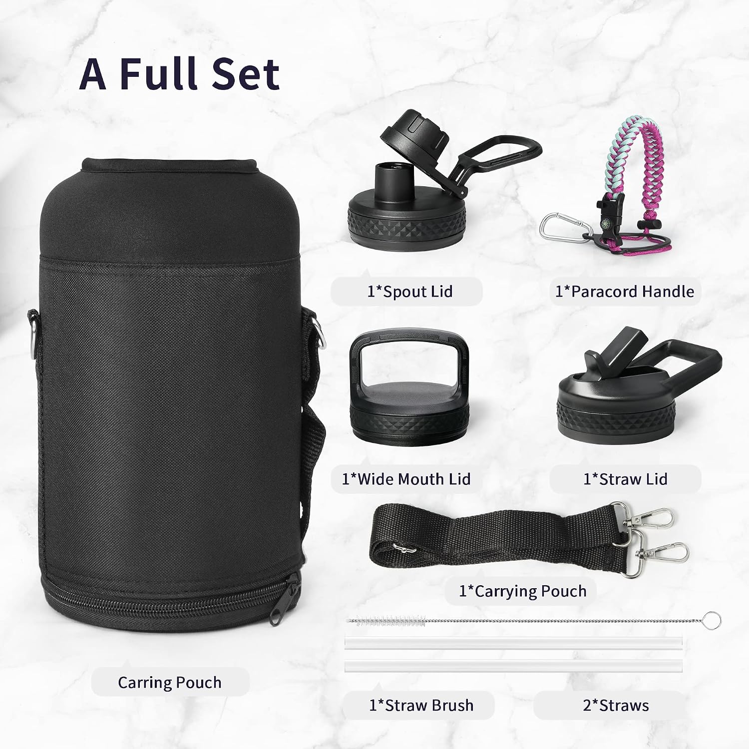 Trebo 64 oz Water Bottle Stainless Steel with 3 Lids, Paracord Handle & Bag