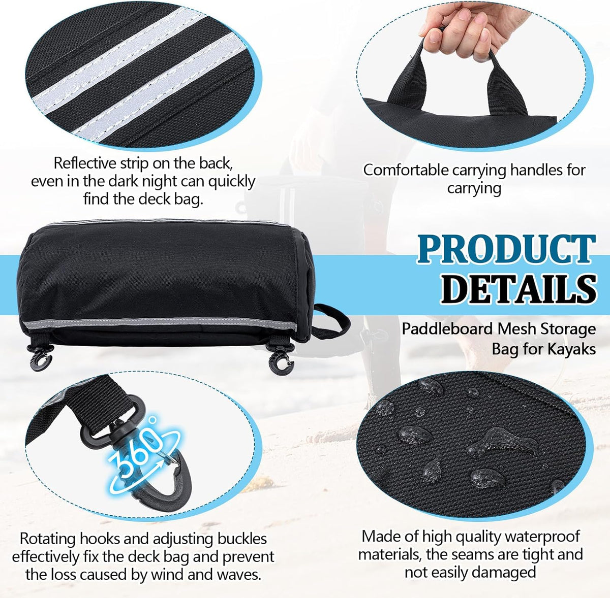 Abbylike Paddleboard Storage bag 15.4'' x 11.4'' Waterproof Deck Bag Oxford Cloth Deck Cooler Pouch with Reflective Strip Swivel Hook Zipper Paddle Board Accessories for Summer Kayak Surfboard