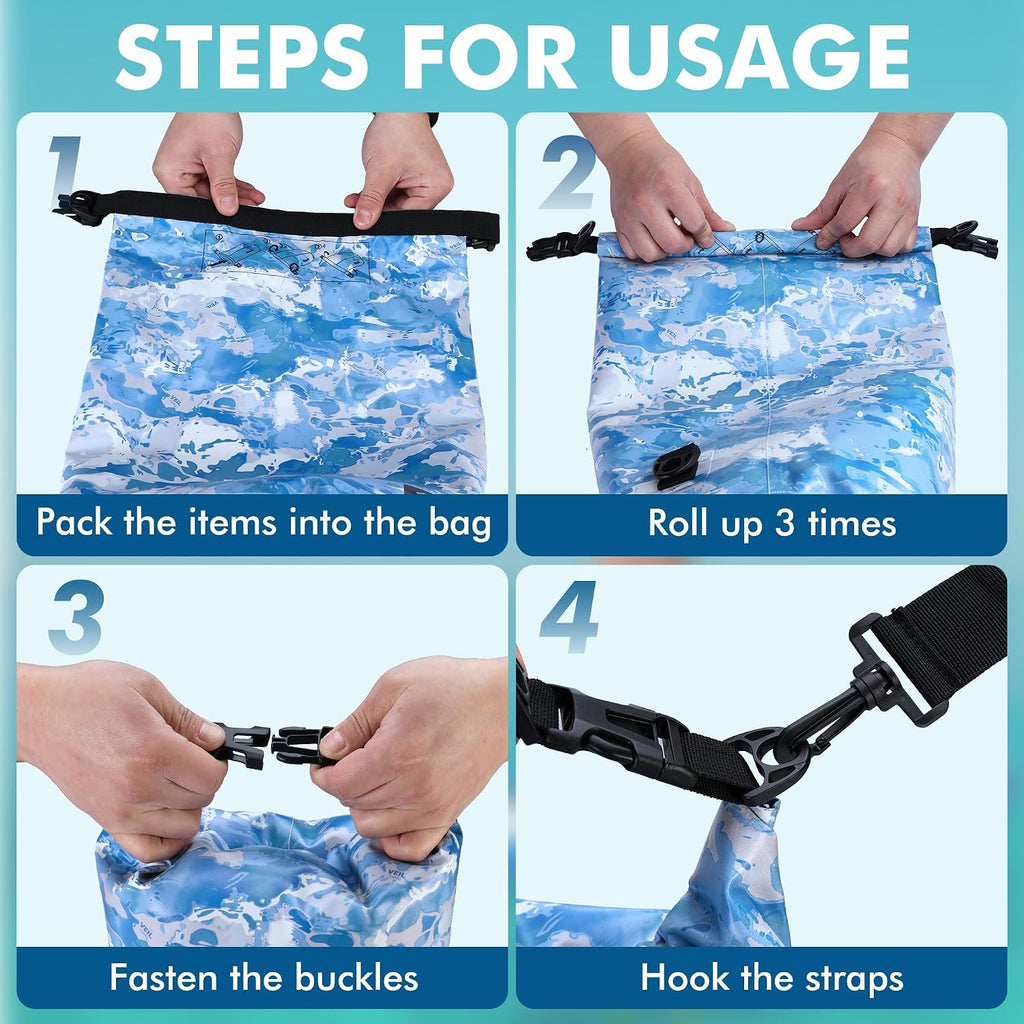 VILLEY Dry Bag Waterproof 20L Roll Top Blue Camo Kayaking Boating Backpack | Keeps Gear Dry, Lightweight Backpack, Kayaking Boating Camping Swimming and Beach Accessories, Blue Camo